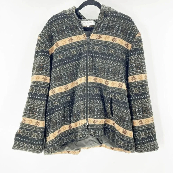 Sandro Hooded Sweater Womens Size XL Green Zip Up Printed Oversized Sherpa - Picture 1 of 4